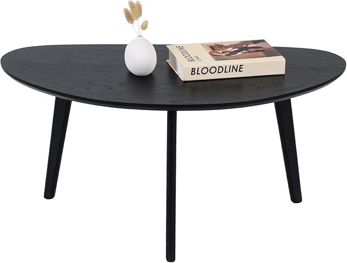 FIRMINANA Small Black Oval Coffee Table for Small Space , Simple Modern Center Table with OAK Wood Legs-Black-18.9" D x 33.47" W x 15.75" H