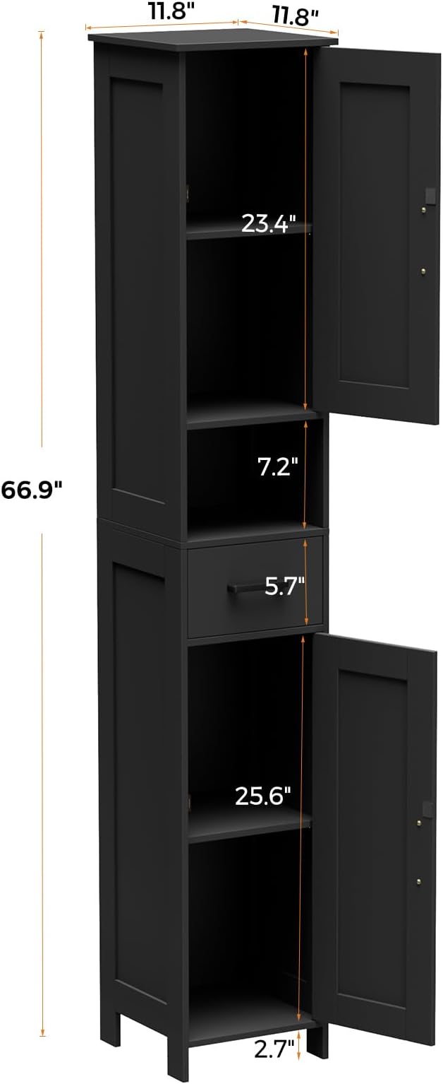 Homhedy 67" H Tall Bathroom Storage Cabinet with 2 Barn Doors and 1 Drawer, Narrow Storage Unit, Adjustable Shelves, Floor Cabinet for Bathroom, Living Room, Entryway, Kitchen, Black, (11.8" W)