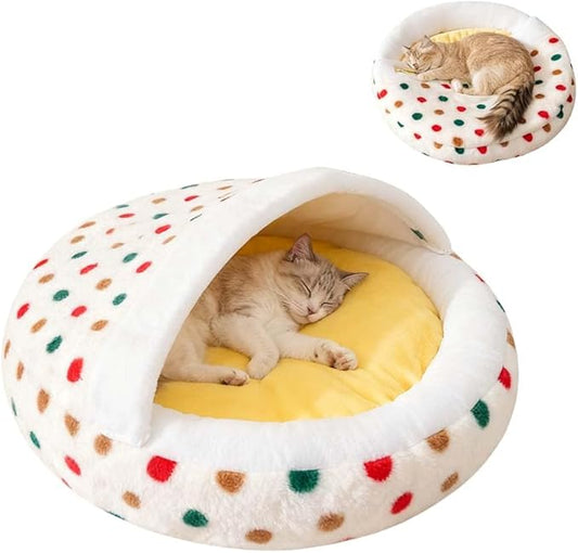 Plush Cat Bed for Indoor Cats，Calming Cozy Cave with Self-Warming，Cat Cave Pet Sleeping Bag for Puppy and Kitty，Shell Shaped Washable Pet Bed for Small Cats & Dogs (Colorful,S-19 x 19 x 4 in)