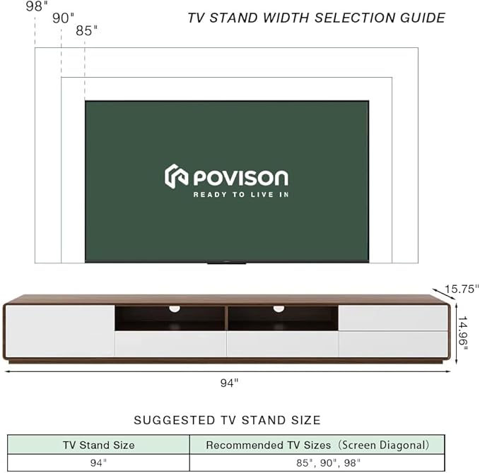 POVISON 94" Modern Wood White TV Stand, Lowline Media Console with 4 Drawers, Open Storage Cabinet, Walnut Veneer Fully-Assembled (TV Stand Only)