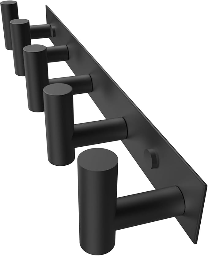 PMMASTO Coat Rack Wall Mounted, 5 "T Shaped Wall Hooks for Hanging, Heavy Duty Stainless Steel Coat Hook Rail for Hat Towel Robes in Bathroom Kitchen Mudroom Entryway (Black, 1 Pack)