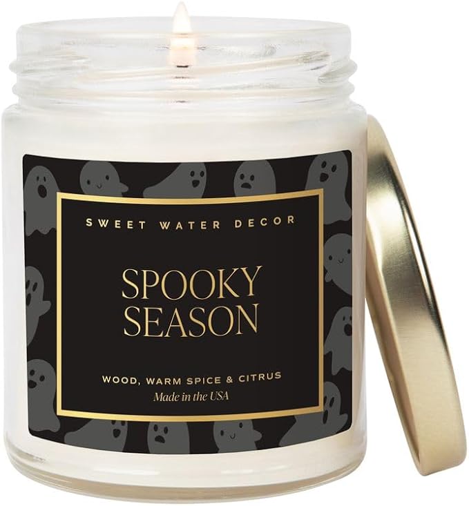 Sweet Water Decor Spooky Candle, Autumn Scented Notes of Citrus, Spices, & Woods, 40+ Hour Burn Time, Non-Toxic Soy Wax Blend, Poured in The USA, Cotton Wick, 9oz Glass Jar with Gold Lid