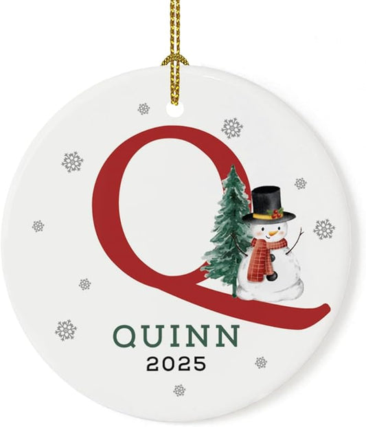 Andaz Press Personalized Ornament, Custom Name, Initial Q Monogram Snowman 2.8" Ceramic Porcelain 2025 Christmas Ornament Keepsake for Kids, Boys, Girls, Includes Gold Ribbon & Gift Box, 1-Pack