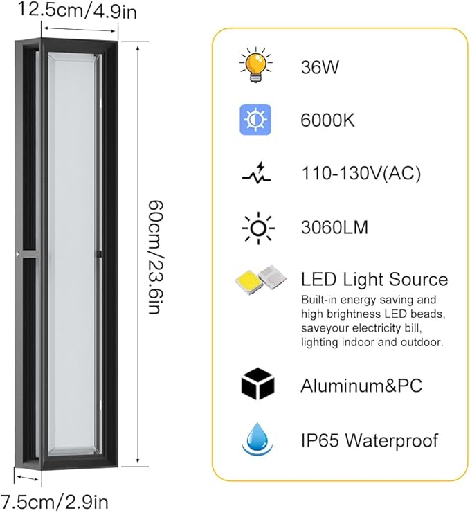 Sytmhoe Outdoor Wall Lights, 23.6in 10%-100% Dimmable 6000K LED Modern Patio Wall Light Fixture, Aluminum&PC Black Exterior Sconce Wall Mounted Lights,Suitable for Garage Courtyard House(6000K)