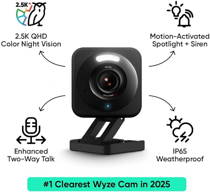WYZE Cam v4 (Latest Model), 2.5K AI Security Camera, Indoor/Outdoor Cameras for Home Security, Baby Monitor & Pet Camera, Vibrant Color Night Vision, No Subscription Required, Free Expert Help