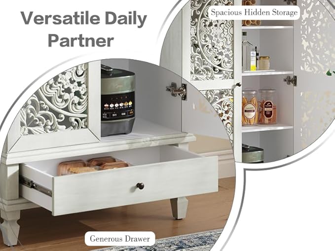 Rustic 55'' Tall Storage Cabinet with 2 Hollow-Carved Doors a Drawer, Wood Accent Cabinet with Solid Wood Legs for Living Room, Hallway, Dining Room (Grey White-T)