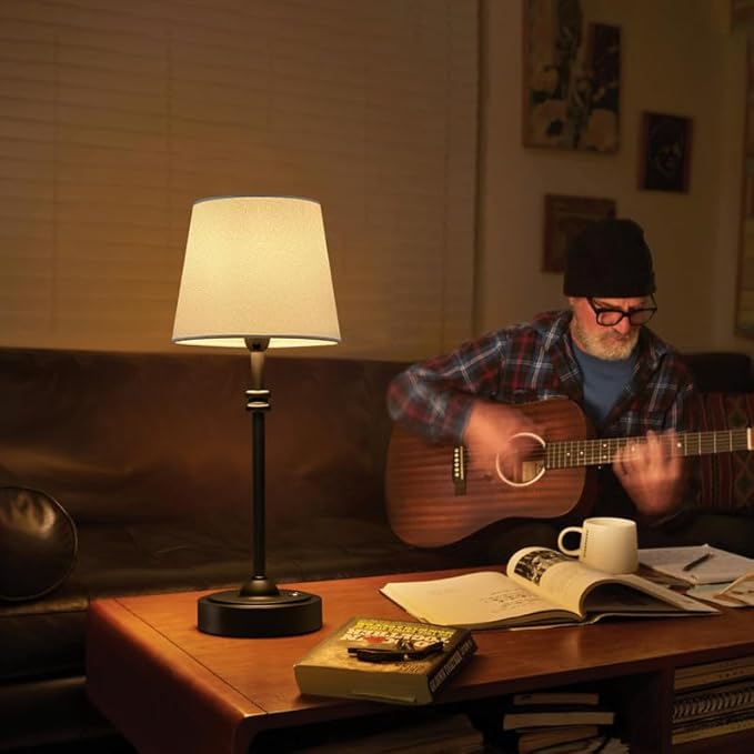 ONEWISH Cordless Lamp-Battery Operated Table lamp, 4000mAh Rechargeable, Stepless Dimmable, Small Touch Bedside Lamp with White LampsShade, 2700K Warm Ambient Light for Dining, Patio, Bathroom(Black)