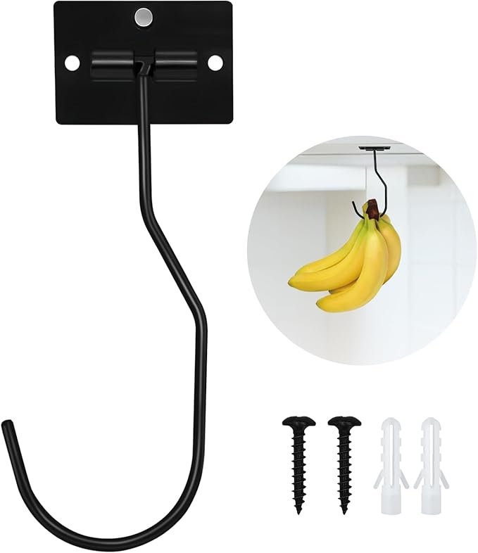 Banana Hanger Hook – Space Saving Banana Holder Hanger to Keep Bananas Fresh, Self Adhesive and Screw Banana Hook 1Pack Black