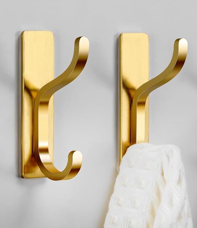 pickpiff Adhesive Wall Coat Hooks - Heavy Duty Stick-On Door Hanger, Metal Hook for Hanging Towel,Purse, Robe, Backpack, Jacket, Clothes - for Bathroom,Dorm, Closet, Kitchen - Gold, 6 Pack