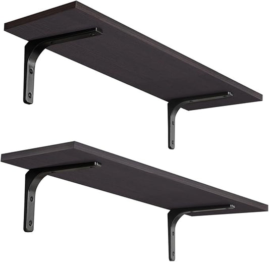 DINZI LVJ Long Wall Shelves, 23.6 Inch Wall Mounted Shelves Set of 2, Easy-to-Install, Wall Storage Ledges with Sturdy Metal Brackets for Living Room, Bathroom, Bedroom, Kitchen, Espresso