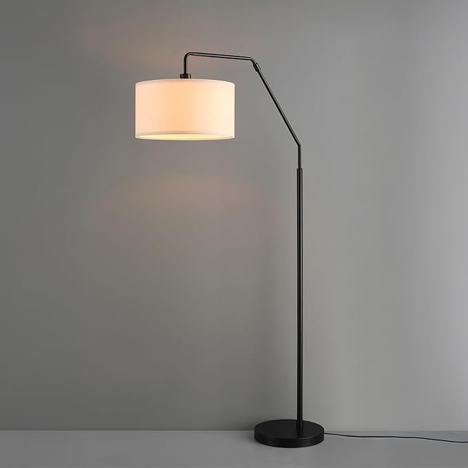 GLOBE Electric 61000172 65" Floor Lamp, Matte Black, White Fabric Shade, On/Off Rotary Switch on Socket, 5-Foot Black Cord, 1-Light, 100W E26/Medium Base Bulb