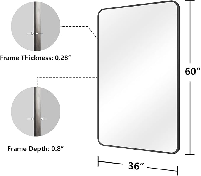 Koonmi Bathroom Mirror, 36X60 Brushed Black Metal Framed Wall-Mounted Mirror for Over Sink, HD Tempered Glass, Anti-Rust, Rounded Rectangle Mirror for Restroom, Bedroom, Hangs Horizontal or Vertical