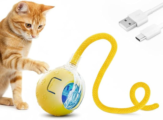 Interactive Cat Toys Ball for Indoor Cats Adult, Auto Moving Interactive Dog Toys,Smart Pet Chase Ball with Speedy Tail Rope, Stimulating Dogs Toy, Yellow