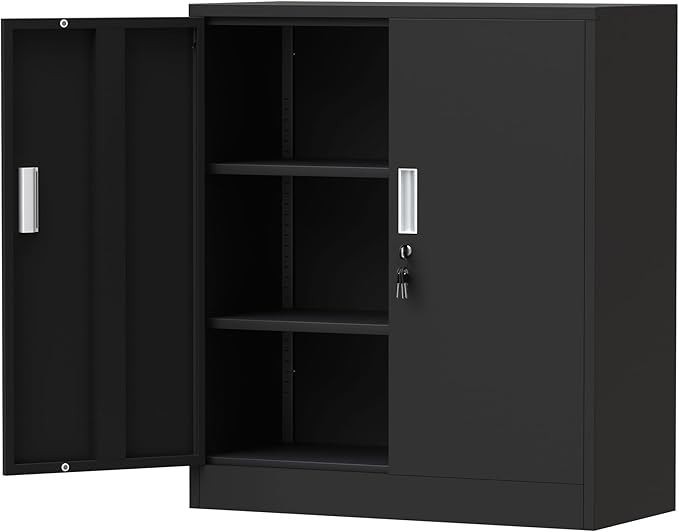 Metal Storage Cabinet with Locking Doors and 2 Adjustable Shelves, Small Lockable Storage Cabinet for Home Office Garage (Black)