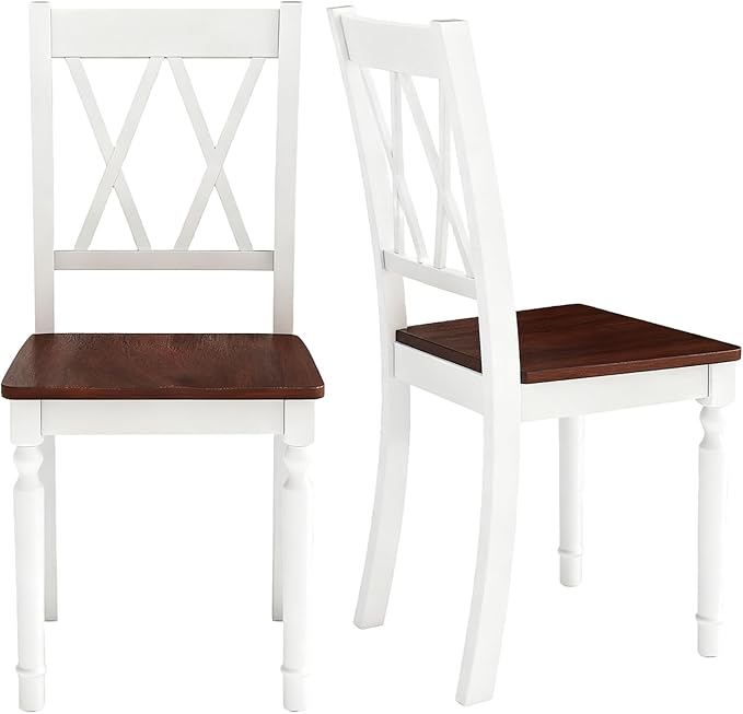 POWERSTONE Wooden Dining Chairs Set of 2, Farmhouse Kitchen Chair with High Backrest, 360 lbs Armless Dinette Seat for Kitchen, Dining Room, Living Room, White and Walnut