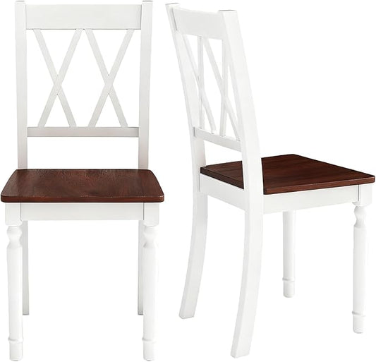 POWERSTONE Wooden Dining Chairs Set of 2, Farmhouse Kitchen Chair with High Backrest, 360 lbs Armless Dinette Seat for Kitchen, Dining Room, Living Room, White and Walnut