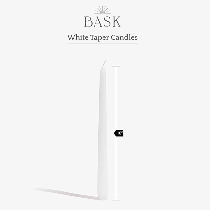 Bask 10-inch Taper Candles - Unscented and Dripless - Burns for 8 Hours - Home Decor for Dinner Table, Kitchen, and Bedroom - Perfect for a Romantic Date or Anniversary - 12-Pack - White