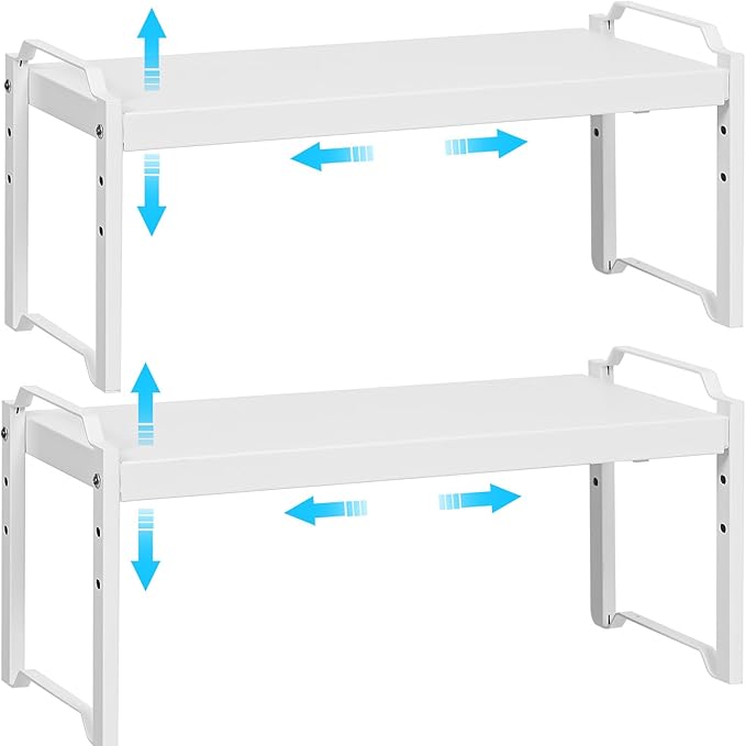 2 Pack Stackable Expandable Shelves For Kitchen Cabinet Countertop Storage, Adjustable Counter Cupboard Pantry Organizer Shelf Rack Stand, Length:25.5 Inch