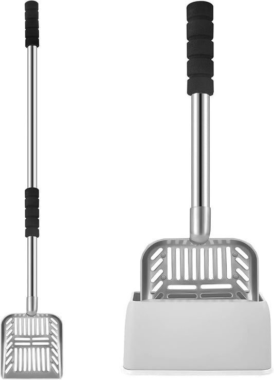 32 Inch Cat Litter Scooper Metal Long Handle with Cat Litter Scoop Holder Deep Kitty Sifter Shovel Detachable Stainless Steel Poop Sifter Scooper Caddy Kitty with Box(Gray)
