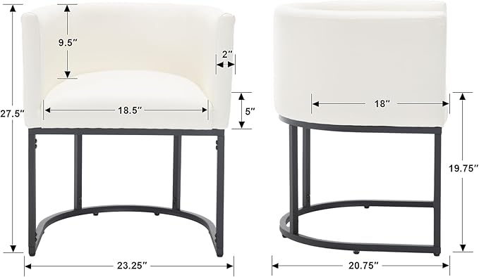 Faux Leather Dining Chairs Set of 2 Modern Barrel Arm Chairs with Black Metal Frame, Upholstered Kitchen Chairs 18.5" Wide Accent Chairs for Living Room Dining Room Restaurant, White