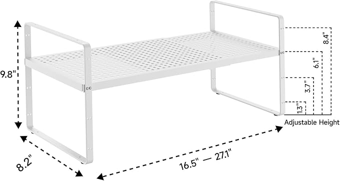 16.5-27’’L Expandable Cabinet Countertop Shelf Organizer, Stackable Metal Shelves, Kitchen Organizers and Storage, White Storage Spice Rack for Pantry and Cupboard