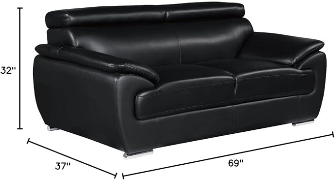 Blackjack Furniture 4571 Veal Collection Modern Genuine Leather Loveseat with Adjustable Headrest, Sturdy Wood Frame and Stainless Steel Legs, Stylish Living Room Love Seat, Black