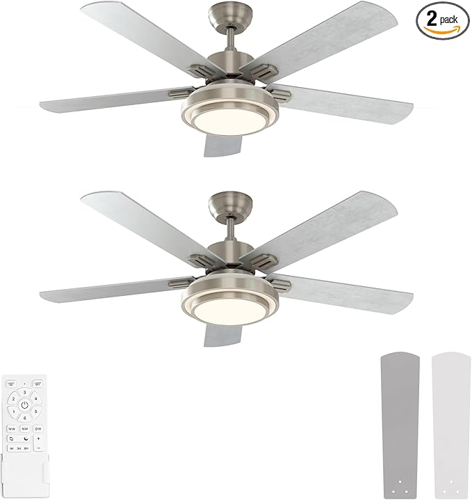 warmiplanet Ceiling Fans with Lights and Remote Control, 52 Inch, 6 Speeds Reversible DC Motor, 3 Color Dimmable Light, Timer, Noiseless, Brushed Nickel, 5 Blades, 2 Pack
