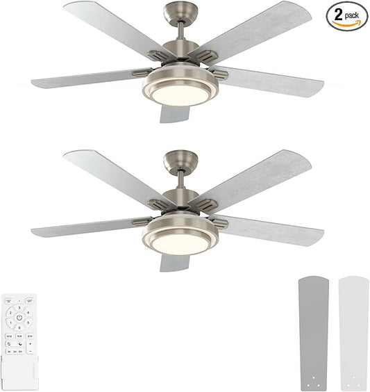 warmiplanet Ceiling Fans with Lights and Remote Control, 52 Inch, 6 Speeds Reversible DC Motor, 3 Color Dimmable Light, Timer, Noiseless, Brushed Nickel, 5 Blades, 2 Pack