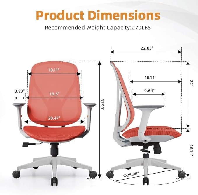 Mesh Office Chair – Ergonomic Office Chair with Lumbar Support, Adjustable Armrests & Sliding Soft Seat Cushion – Holds Up to 270lbs (Red)