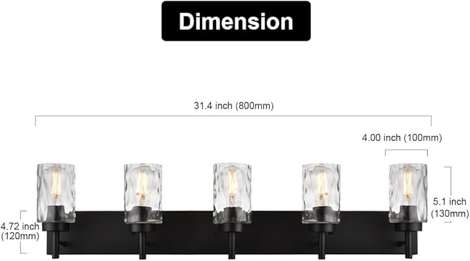 BONLICHT Modern Bathroom Lighting Over Mirror 5-Lights Rustic Bath Vanity Wall Mounted Light Fixtures Black Farmhouse Wall Sconce Lamp with Clear Hammered Glass Shade for Kitchen Living Room Hallway