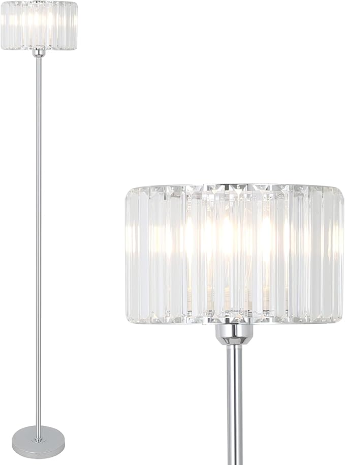 HMVPL Crystal Floor Lamp, Chrome Pole Floor Lamp with K9 Crystal Shade, Silver Standing Lamp with On/Off Switch, Modern Corner Tall Lamp for Living Room Bedroom Nursery Office Home Decor