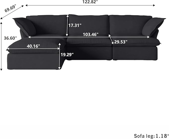 WJShome 122.82" Cloud Modular Sectional Sofa, L Shaped Couch Filled with Down, Minimalist Wide Deep Seat Couches for Living Room Apartment Lounge Bedroom (Black, 3 Seater+1 Ottoman)