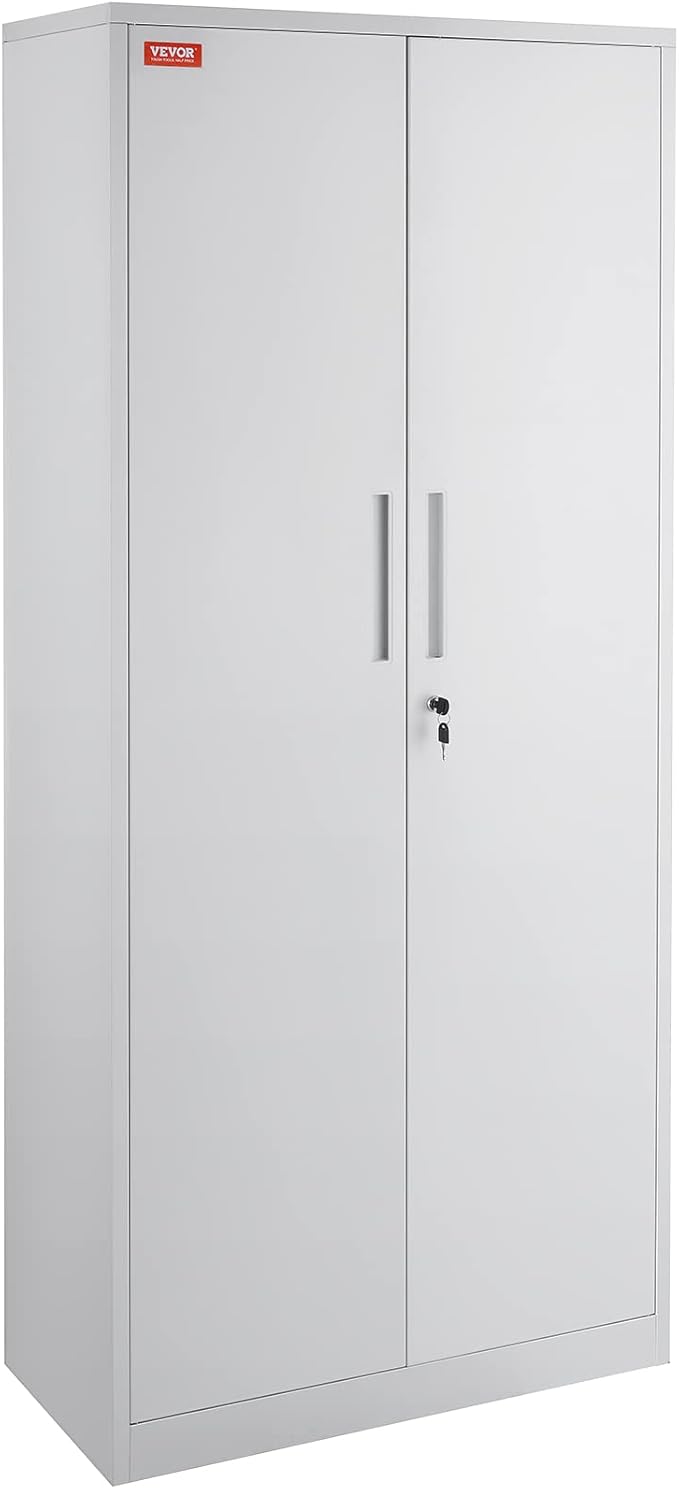 VEVOR Metal Storage Cabinet, Steel Locking Storage Cabinet with 2 Magnetic Doors and 4 Adjustable Shelves, 71'' Metal Cabinet 200 lbs Capacity per Shelf with 3 Keys, for Garage, Office, Home, White