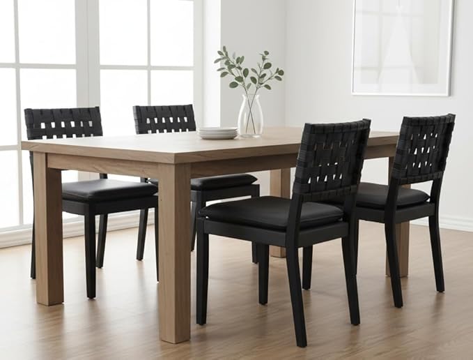 Woven Faux Leather Dining Chairs Set of 6, Farmhouse Upholstered Kitchen Chairs with Wooden Legs Armless Accent Side Chairs for Dining Room/Restaurant, Black