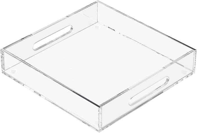 Acrylic Serving Tray with Handles-12x12x2.36Inch-Decorative Tray Letter Tray Organizer for Ottoman Coffee Table Countertop, Clear
