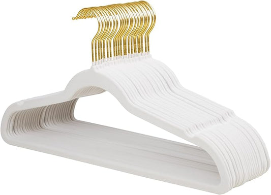 ManGotree Velvet Coat Hangers with 360° Swivel Gold Hook, Non-Slip Felt Suit Hangers, Slim Space Saving Clothes Hanger for Jacket, Sweater, Shirt, Dress, Pants (22 Pack, White)