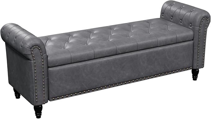 65 Inch Bedroom Bench, End of Bed Bench with Storage, Bed Benches for Foot of Bed, Faux Leather Window Bench with Tufted Button and Nailhead Trim, Upholstered Storage Bench with Rolled Arms, Gray