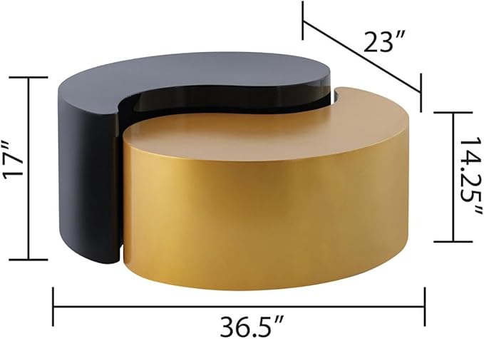 Modern Contemporary Luxury Ying-Yang 36" Coffee Table Set, Sculptural Design with Aluminum Frame for Living Room, Entryway, Home & Office, Black & Gold Dual Tone Coffee Table