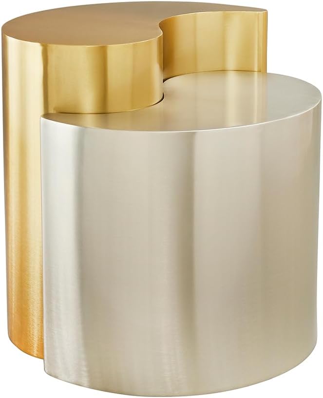 Modern Contemporary Luxury Ying-Yang 20" Height End Table Set, Sculptural Design with Aluminum Frame for Living Room, Entryway, Home & Office, Gold & Silver Dual Tone End Table