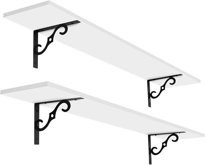 DINZI LVJ Long Wall Shelves, 47.3" Large Floating Shelves Set of 2, Farmhouse Display Shelf Wall Mounted with Heavy Duty Brackets, Easy Assembly for Kitchen, Bathroom, Bedroom, Balcony, White