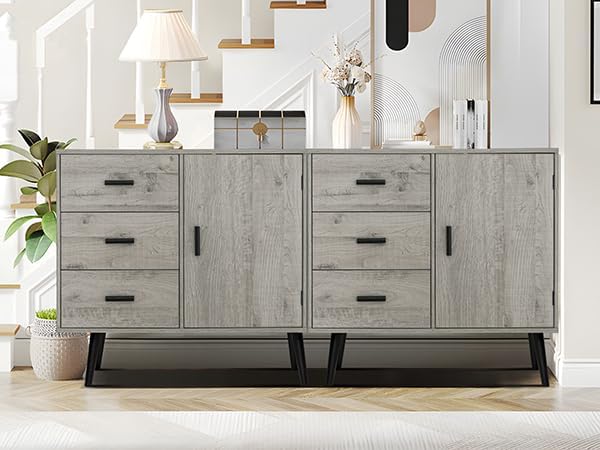 Iwell Storage Cabinet with 3 Drawers & Adjustable Shelf, Sideboard Buffet Cabinet, Small Freestanding Floor Storage Unit, for Living Room, Home Office, Rustic Grey