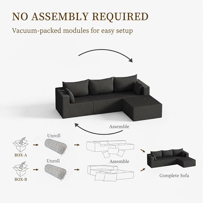 Cloud Boneless Sectional Sofa, Modular Sofa with Deep Seat, Modern Upholstered Couch with Chaise Lounge, Fluffy Comfy L-Shape Sectional Couch for Living Room, Black