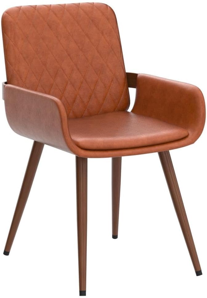 LUNLING Mid Century Modern Dining Room Chairs Set of 2 Accent Faux Leather Kitchen Chair Bentwood Frame with Armrest,Upholstered Seat,Metal Legs Chairs,Adjustable Foot for Kitchen Dining Desk(Orange)