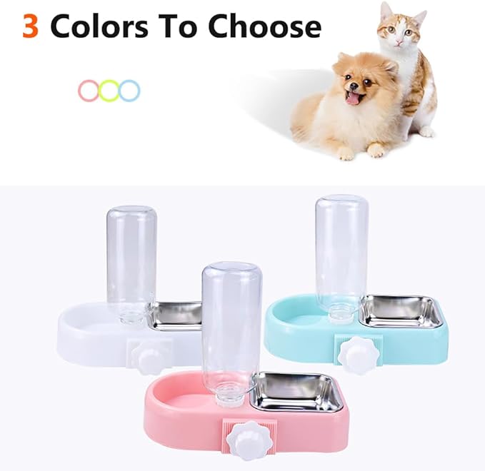 Hanging Dog Bowls, Cage Automatic Cat Food and Water Bowl Set with Water Dispenser and Stainless Steel Bowl, Detachable Gravity Pet Feeder and Waterer Set for Cats Dogs Puppy Rabbit (Pink)