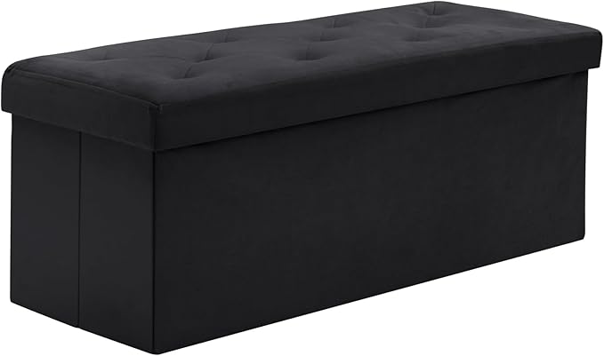 BRIAN & DANY 43 Inches Folding Storage Ottoman Bench, Velvet Ottoman with Storage for Living Room, Long Shoes Bench,Flannelette Footrest Benches Seat (Black)