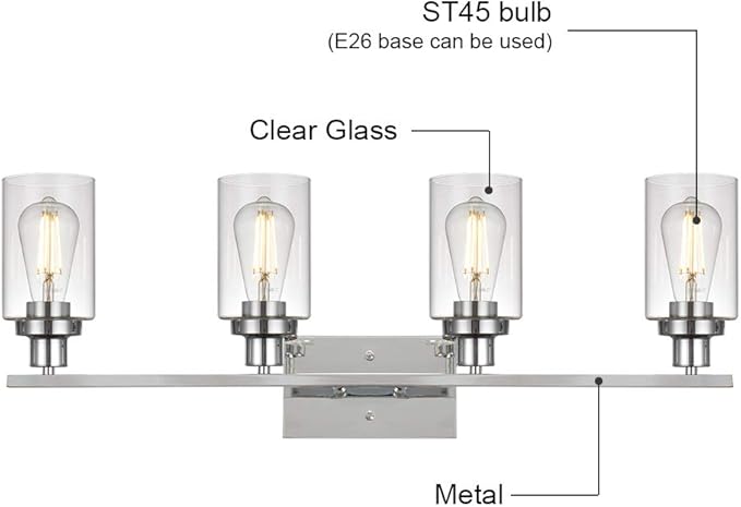 MELUCEE 4-Light Bathroom Lighting Fixtures with Clear Glass Shade Chrome Finish, Modern Vanity Light Wall Mount Lamp for Bedroom Dressing Table Mirror Cabinets Vanity Table (Patent No.: US D963914 S)