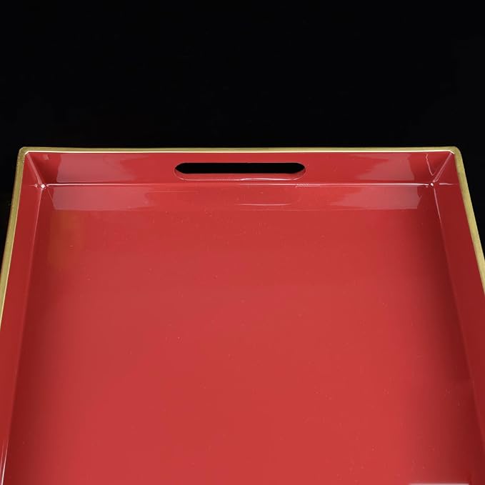 Red Decorative Coffee Table Tray, Rectangular Plastic Serving Tray with Handles for Living Room, Ottoman, Bathroom, 15.7"*10.2"