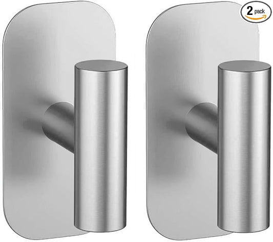 Adhesive Towel Hooks for Shower,Waterproof Heavy Duty Bathroom Hooks,Wall Mounted Sticky Hangers for Coats/Aprons/Robes,No Drilling(Silver,2 Pack)