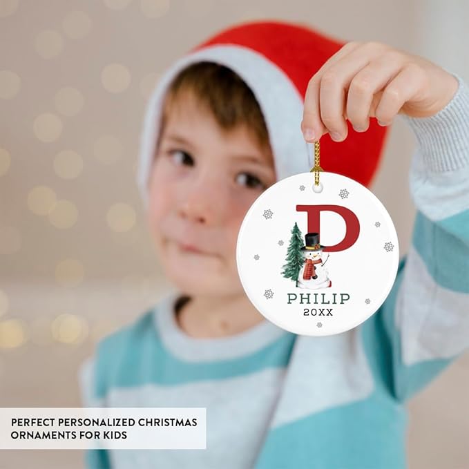 Andaz Press Personalized Ornament, Custom Name, Initial P Monogram Snowman 2.8" Ceramic Porcelain 2025 Christmas Ornament Keepsake for Kids, Boys, Girls, Includes Gold Ribbon & Gift Box, 1-Pack