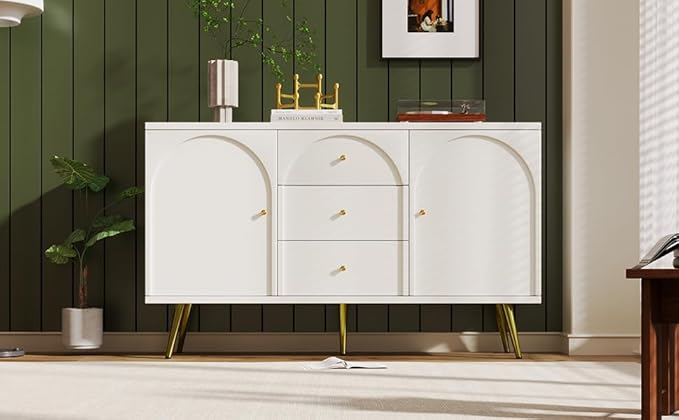 KEIKI 55'' Modern 2-Doors Buffet Sideboard Storage Cabinet with 3 Drawers & Metal Legs, Wood Entryway Console Table for Living Room, Hallway, Dining Room, White